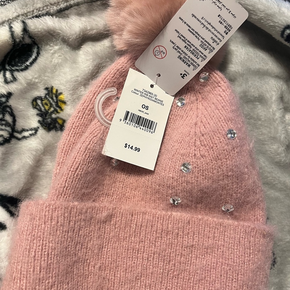 Cotton On Pink Beanie with Pom Pom and Rhinestones